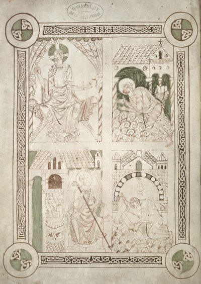 Ms 616 f.1v St. Augustinus vid Kristi fötter och den skriftlärde Alardus erbjuder sin bok till St. Vaast, frontispice till Bekännelser av St. Augustinus av French School