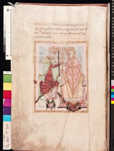 Ms 698 f.7v Dagobert I (609-39), kung av frankerna investerar St. Audomarus Omer (d.c.669) biskop av Therouanne, som missionärsbiskop i Pas-de-Calais 637, från Life of St. Omer av French School