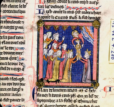 Ms 782 f.280 kung Filip II (1165-1223) av Frankrike, från Chroniques de Saint-Denis, sent 1200-tal av French School