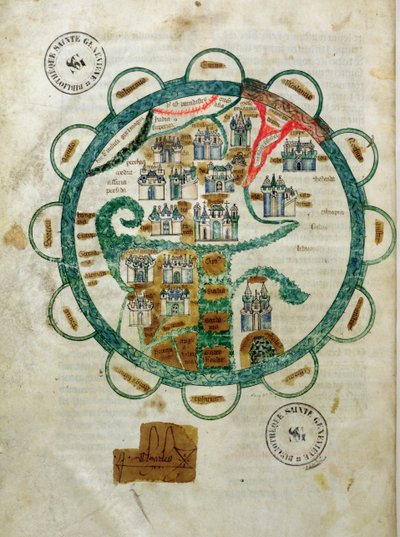 Ms 782 fol.16v. Karta över världen i form av en jordglob, miniatyr från Grandes Chroniques de Philippe le Hardi av French School