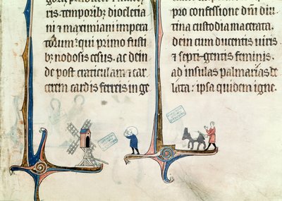 Ms 838 fol.55 En man som kör sin åsna som bär påsar med vete till en väderkvarn, från Obituaire de Notre Dame de Pres, efter 1270 av French School