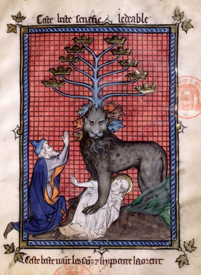 Ms 870 Fol.8 Apokalypsens sjuhövdade odjur som vördas av en hycklare och krossar ett helgon, från La Somme le Roy av Frere Laurent, upplyst av Maitre Honore av French School