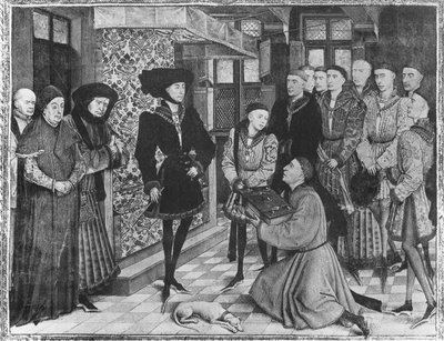 Ms 9242 Hainaut Chronicles, Filip den gode, hertig av Bourgogne, presenterad med översättningen av krönikorna av Jean Vauquelin, Karl den djärve som barn till vänster om honom av French School