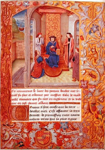 Ms 95 Fol.1 Författaren erbjuder sin bok till hertigen av Bourgogne, från Armorials of Adolphe de Cleves, tidigt 1400-tal (vellum) av French School