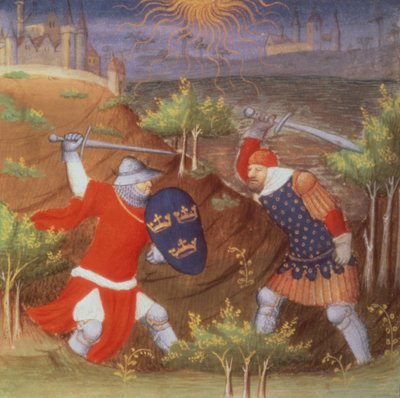 Ms Arsenal 5077 f.298 Kung Arthur slåss mot en romersk general, från ett manuskript av Historier, av Boucicaut-mästaren av French School