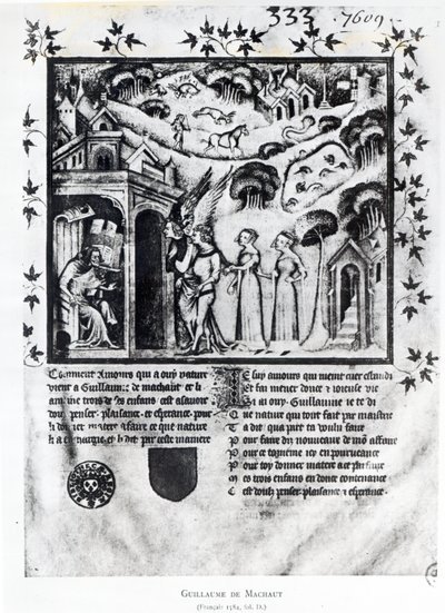 Fr 1584 f.D Författaren som tar emot kärleken som ger honom söta tankar, nöje och hopp, ca 1370 (manuskript) av French School