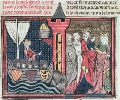 Fr 22495 Fol.101 Baldwin I korsar floden Jordan och avstår från sin fru, från Le Roman de Godefroy de Bouillon, 1337 av French School
