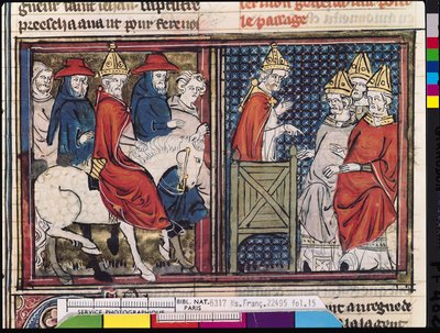 Fr 22495 Fol.15 Konciliet i Clermont och påven Urban II:s ankomst (ca 1035-99) i Frankrike, från Le Roman de Godefroi de Bouillon, 1337 av French School