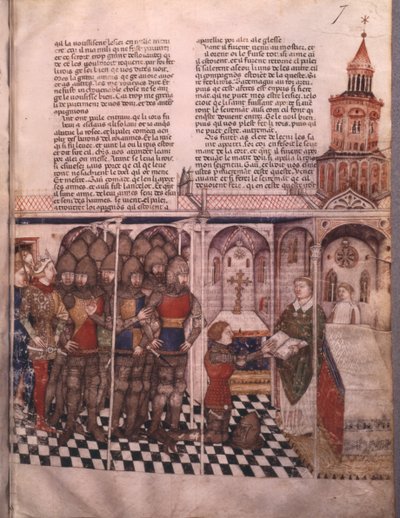 Fr 343 fol. 7 Jakten på den heliga gralen och Arthurs död, riddare som avlägger ed av French School