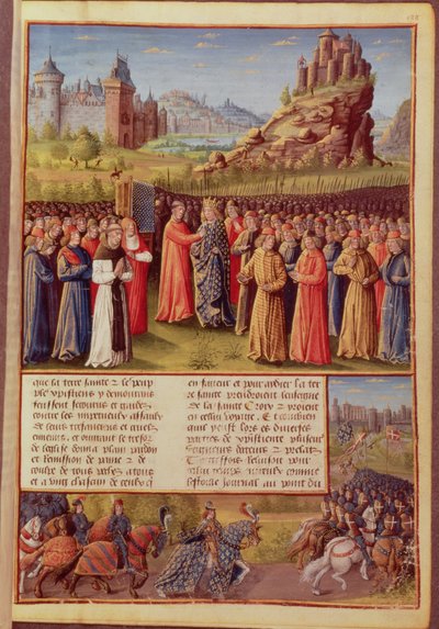 Fr 5594 f.138 Saint Bernard (c.1090-1153) av Clairvaux predikar det andra korståget i närvaro av kung Ludvig VII (c.1120-80) av Frankrike i Vezelay 1146, från Passages faits Outremer skriven av French School