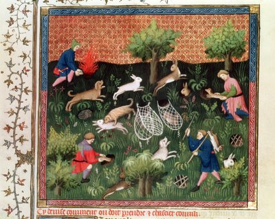Fr 616 fol.92 Jagar harar, från Livre de la Chasse av Gaston Phebus de Foix (1331-91), sent 1400-tal av French School