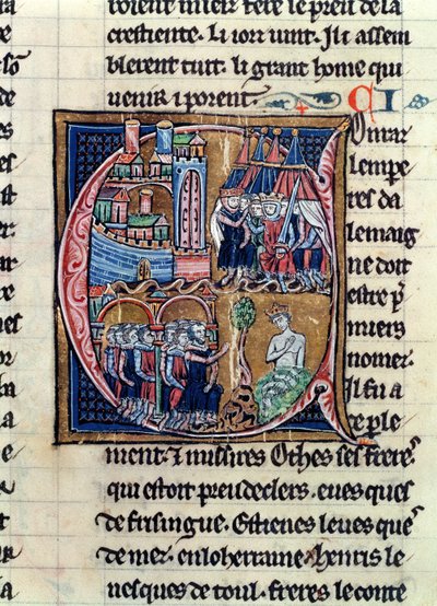 Fr 9081 fol.206 Historikert initial C föreställande Conrad III (1137-52) kejsare av Tyskland och Ludvig VII (1120-80) kung av Frankrike, belägrade Damaskus 1148, från Histoire de Jerusalem av William of av French School
