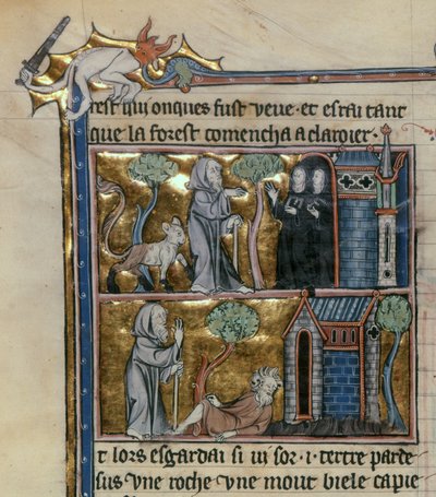 Fr 95 f.4v Eremit och odjur, från lHistoire du Saint Graal, c.1280-90 av French School