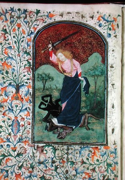 Ms Gen 288 f.84v Wrestling with a best, c.1460 (vellum) av French School