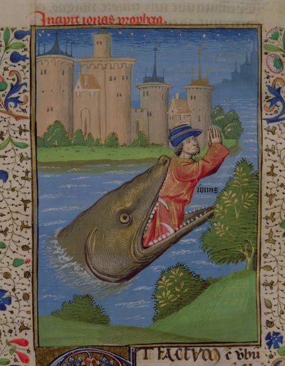 Ms H 7 f.111r Jonah and the Whale, från Jean XXII:s bibel av French School