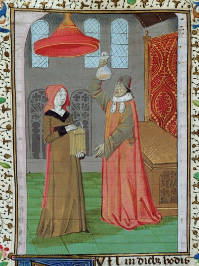 Ms H 7 fol.164r En läkare som undersöker St. Elizabeths urin för att se om hon är gravid, från Bibeln av Jean XXII av French School