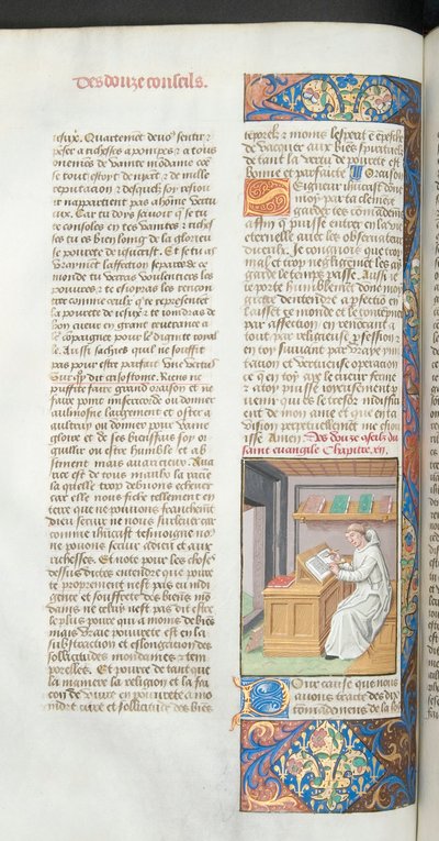 Ms Hunter 36-39, vol.3 fol.47v En kartusisk munk i vitt skriver ett manuskript, illustration från Vita Christi av Ludolf av Sachsen, ca 1490 av French School