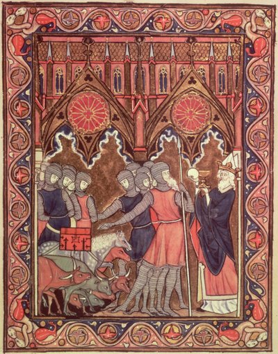 Ms Lat 10525 fol.6 Abraham presenterar sina fångar och sitt byte för Melkisedek, från St. Louis Psalter, ca 1258-70 av French School
