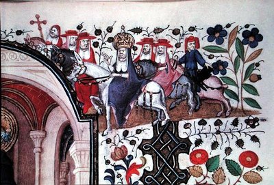 Ms Lat 1156b Fol.167 Detalj av påven på hans mula med hans följe, från en illustration av Sankt Peter, från Hours of Marguerite d