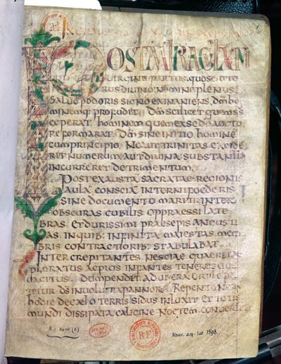 Ms Lat 1598 Fol.1 Zoomorphic historik initial P, från ett verk av Saint Augustine (354-430) av French School