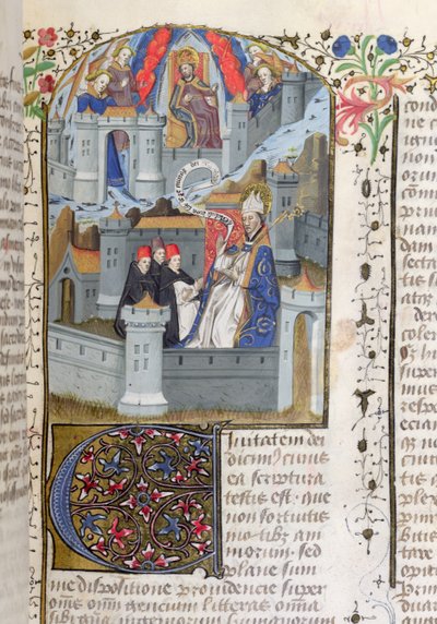 Ms Lat 592 f.127 Jerusalem och Babylon, från La Cite de Dieu av St. Augustine av French School