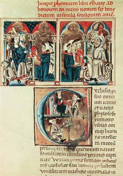 Ms Lat. 6912 fol.1v En judisk forskare presenterar en översättning av en arabisk avhandling för Philippe dAnjou av French School