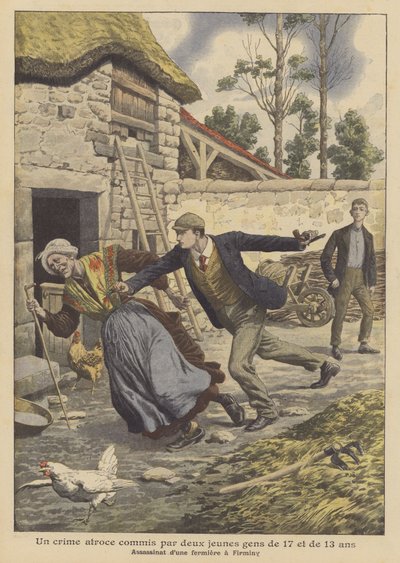 Mord på en bonde av två ungdomar i åldrarna 17 och 13 i Firminy, Frankrike (färg litho) av French School