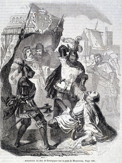 Mordet på hertigen av Bourgogne (Jean sans peur) på bron i Montereau 1419 - i "Histoire de France" av L.-P. Anquetil av French School