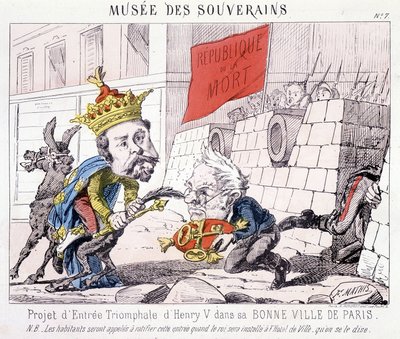 Musée des Souverains - Projekt för Henri V:s triumferande entré till hans goda stad Paris (Thiers överlämnade honom nycklarna till Paris försvarade av medborgare som bär flaggan skriven "République ou la mort"). av French School