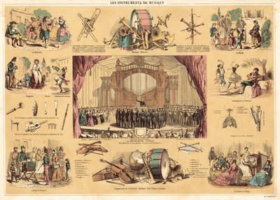 Musikinstrument (färglitografi) av French School