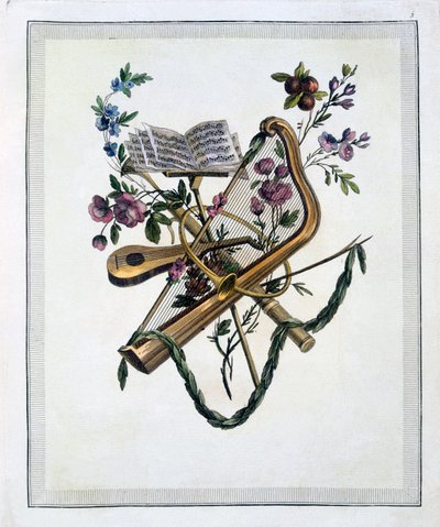 Musikinstrument, från en bok med graverade plattor av Oppenords mönster, publicerad 1745rn av French School