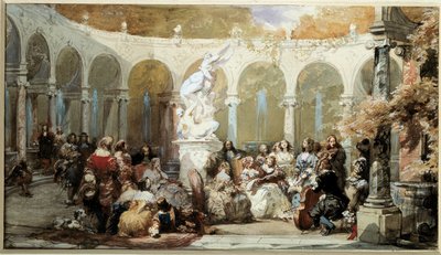 Musikscen i Versailles trädgårdar. vattenfärg av French School