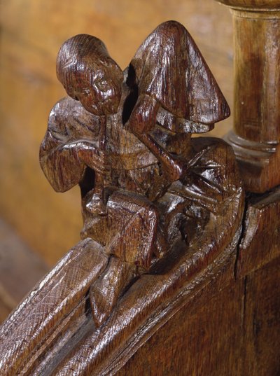 Musiker som spelar dubbelflöjt, detalj från en körbås, 1300-1500-tal (trä) av French School