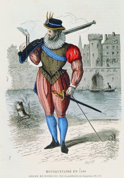 Musketör 1586, illustration från Costumes de Paris a travers les siecles av H. Gourdon de Genouillac, graverad av A. Renard (färgstick) av French School