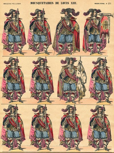 Musketörer av Ludvig XIII, beskrivande skylt. Avbildning av Epinal av French School