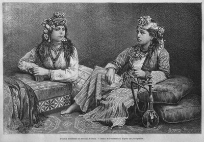 Muslimska kvinnor i Sidon, från Syrien idag. Reser i Fenicien, Libanon och Judéen. 1875-1880 av Louis Charles Emile Lortet, 1884 (bw gravyr) av French School