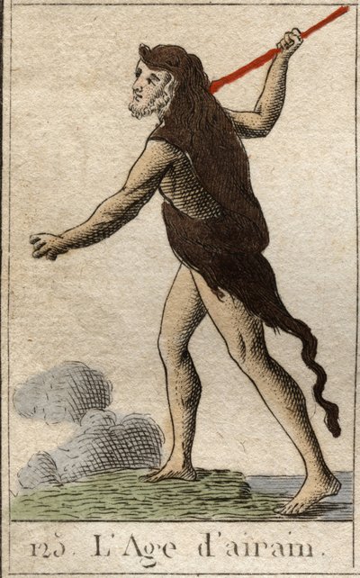 Myth of the Ages of Humanity: en representation av den fräcka tidsåldern, som en ung man med ett lejonskinn och ett spjutvapen. (Bronsåldern avbildad som en ung man, klädd med en lejonpäls och beväpnad med ett spjut). Från "Mythology of Youth" av Pierre Bl av French School