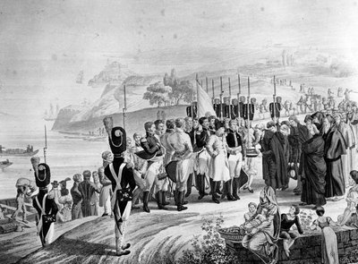 Napoleon (1769-1821) anländer till ön Elba, 1814 av French School