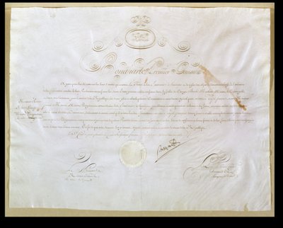 Napoleon Bonapartes (1769-1821) tillstånd för köp av Louisiana av USA, 30 april 1803 (bläck på veläng) av French School