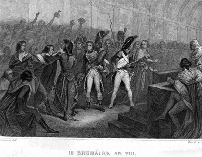 Napoleon Bonapartes statskupp den 18 Brumaire år VIII (1799) i Hall of the Council of Five Cents (Five Cents) (Room of 500) of Saint Cloud - i "" Revolution francaise"" av Thiers. 1800-talet av French School