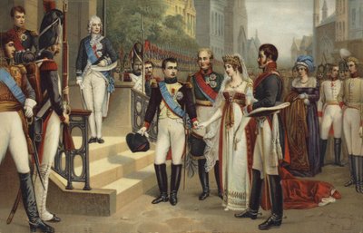 Napoleon I och drottningen av Preussen (färgad litografi) av French School