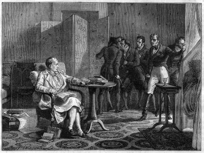 Napoleon I till Sainte-Helene (Saint Helene) beslutade i oktober 1818 att motsätta sig med vapen i hand mot försöket från Hudson Lowe, brittisk general, att tvinga fram dörren - i "History of the empire following the history of the consulat" av Adolphe Thi av French School
