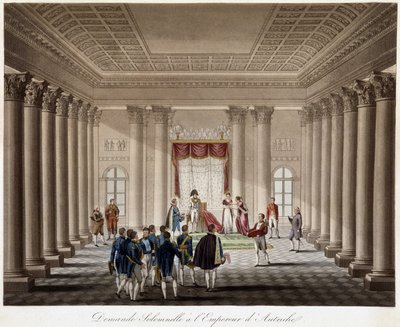 Napoleon frågar Marie Louise i äktenskap med kejsaren av Österrike - i "" Historical History of the War between France and Austria in 1809"" av French School