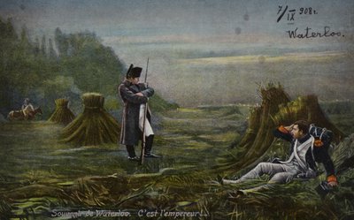 Napoleon vid Waterloo (färglitografi) av French School