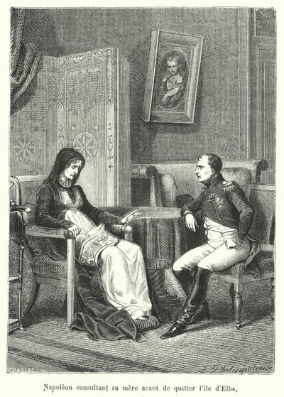 Napoleon konsulterar sin mor innan han lämnar ön Elba (gravyr) av French School