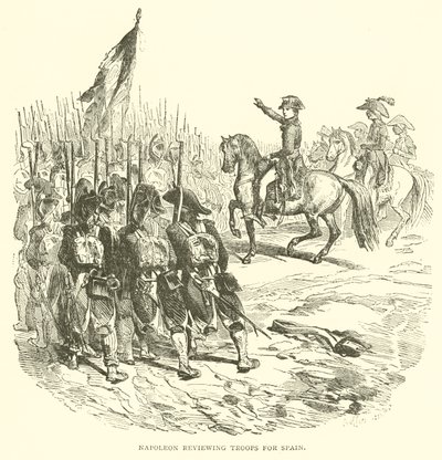Napoleon granskar trupper för Spanien (gravyr) av French School