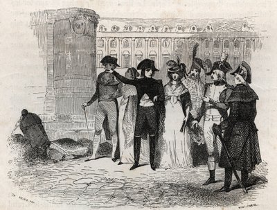 Napoleon går med Madame Tallien, född theresa Cabarrus, prinsessan av Caraman, prinsessan av Caraman Chimay (1773 - 1835) Place Vendome i Paris - gravyr i "Les rues de Paris". Gamla och moderna Paris: ursprung, historia, monument, kostymer, moral, chroni av French School
