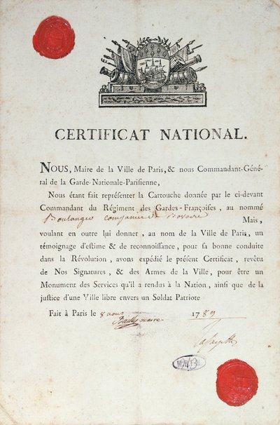Nationellt intyg om gott uppförande under den franska revolutionen, 8 augusti 1789 i Paris av French School