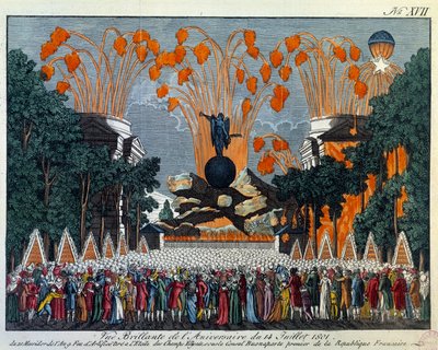 Nationalfesten den 14 juli 1801 på Champs Elysees, Paris: Fyrverkeri äger rum av stjärnan på Champs Elysees i Paris. Tryck från 1801 Paris, Musee Carnavalet av French School
