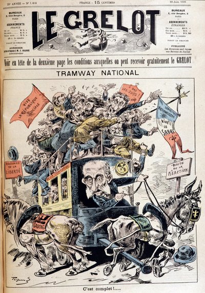 Nationell spårvagn: Frankrike förkastade mellan idéerna om vänster och höger, karikatyr om Meline-regeringen - i "" Le Grelot"" av 1898-06-12 av French School